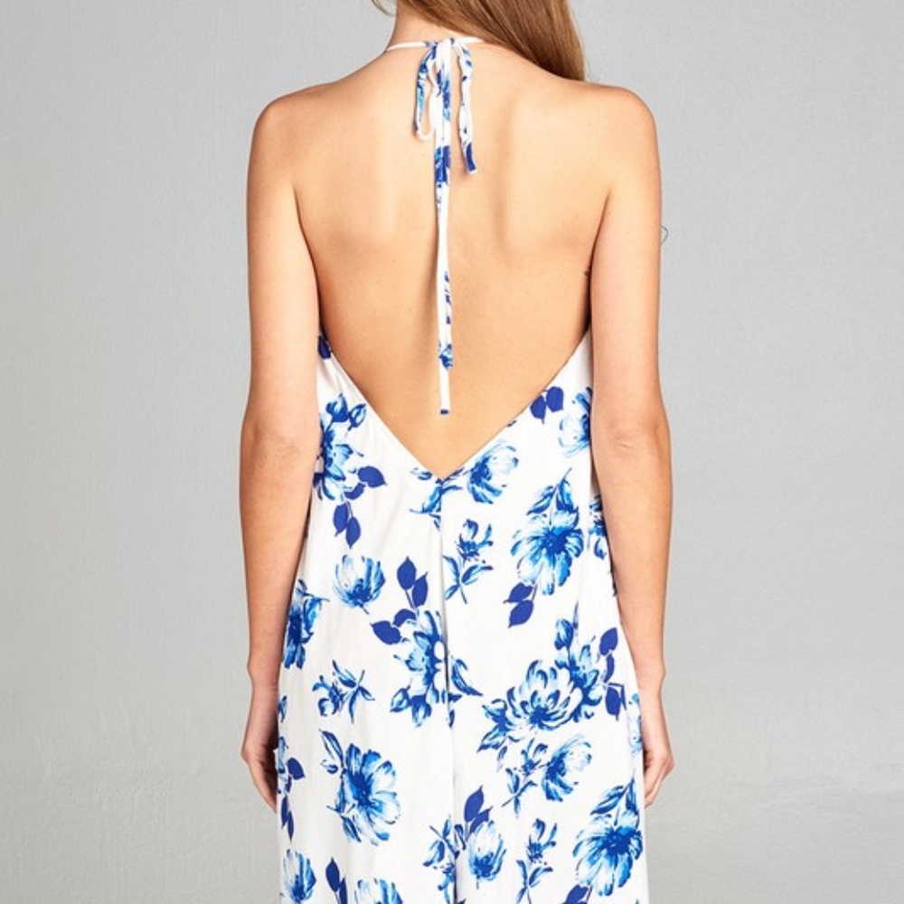 Halter Neck Blue White Floral Asymmetrical Dress - Picture 2 of 4